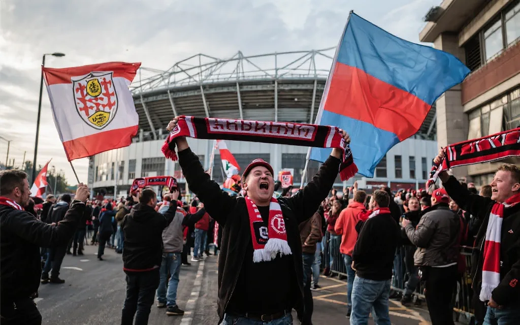 球迷在体育场外集结，挥舞各国旗帜与围巾的纪实风格场景