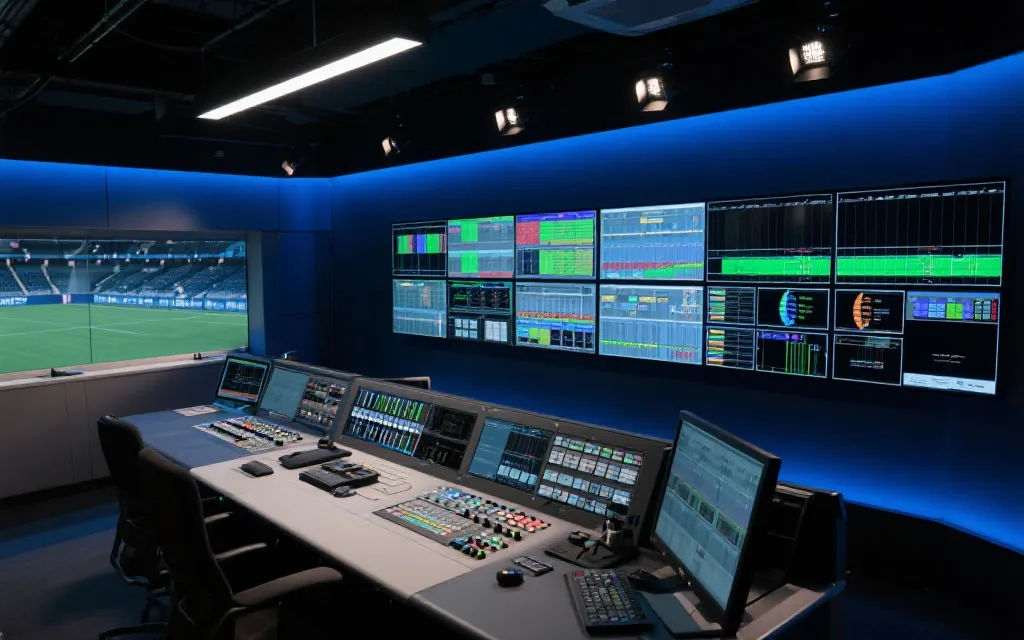 体育转播控制室与多屏幕时间轴的抽象画面，表现跨时区排播与流媒体分发