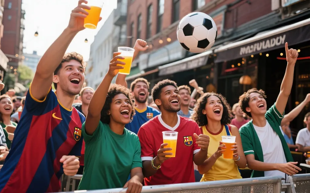 城市酒吧或街区观赛场景，不同族裔球迷一起欢呼