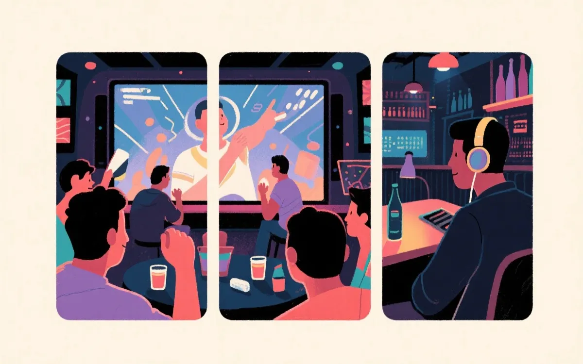 世界杯观赛情境插画：朋友聚会、独自熬夜、酒吧大屏三种场景